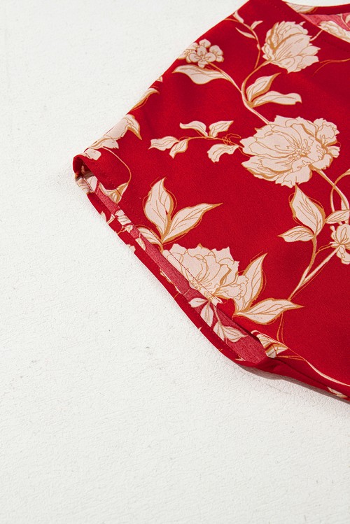 Vestido Curto Floral Vermelho Gola V Botões Frontal Camadas Manga Curta