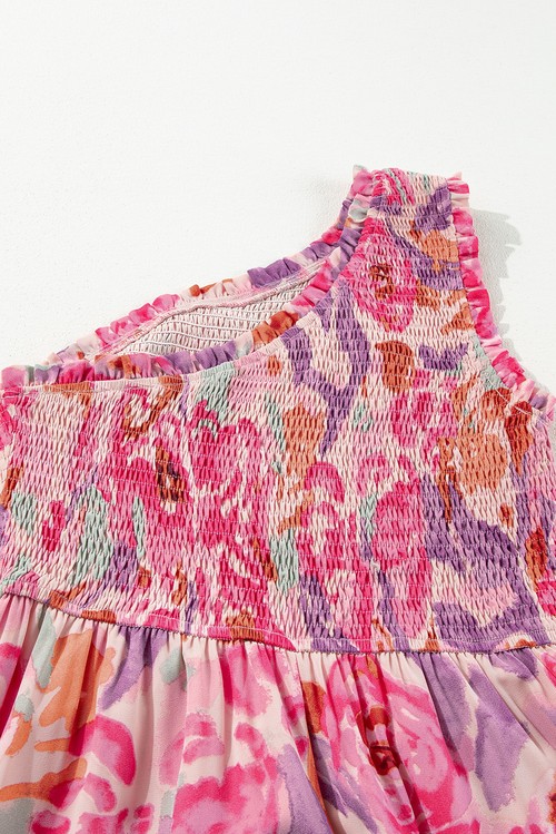 Vestido Maxi Floral Abstrato Rosa Um Ombro Franzido