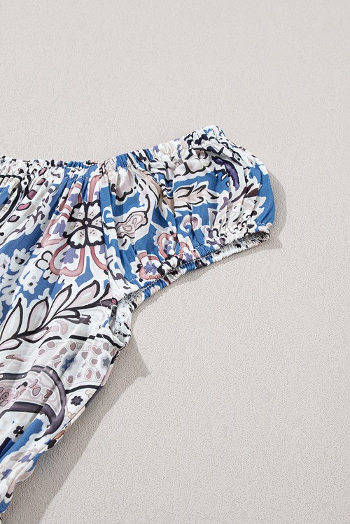 Vestido Maxi Boho Paisley Azul Ombro Caído