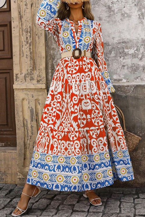 Vestido Maxi Boho Geométrico Laranja Manga Longa Estampado