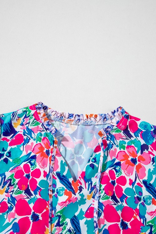 Vestido Curto Azul Claro Estampa Floral Mista Gola com Laço Manga Curta