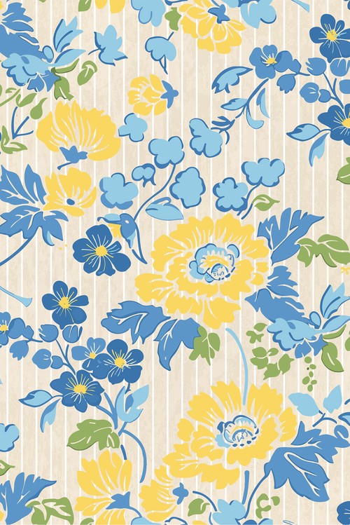 Vestido Floral Listrado Azul Manga Bufante Curta com Borda