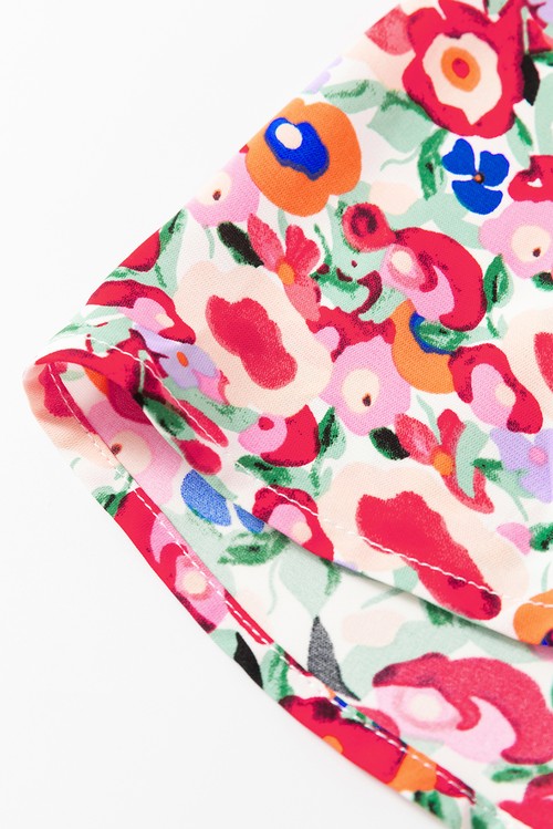 Vestido Floral Vermelho Manga Meia Gola V Profundo Recorte Costas Fenda