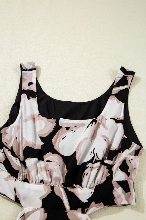 Vestido Maxi Floral Preto Sem Manga Gola Quadrada Nó Costas Recorte