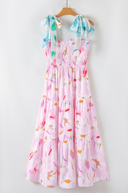 Vestido Maxi Floral Rosa Ombro com Nó Franzido