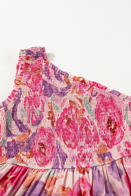 Vestido Maxi Floral Abstrato Rosa Um Ombro Franzido