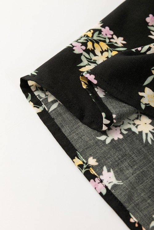 Vestido Maxi Floral Preto Alcinhas Franzido Busto Império com Laço