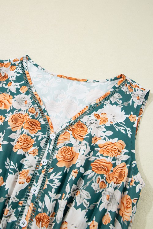 Vestido Floral Verde Sem Manga Gola V Cinto Férias com Borda