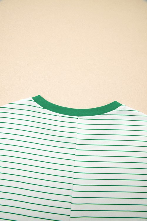 Vestido Camiseta Listrado Verde Manga Ruffled Curta Gola Redonda