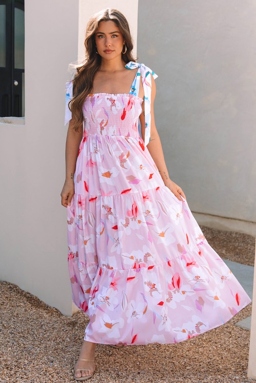 Vestido Maxi Floral Rosa Ombro com Nó Franzido