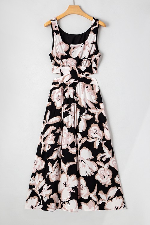 Vestido Maxi Floral Preto Sem Manga Gola Quadrada Nó Costas Recorte