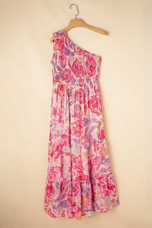 Vestido Maxi Floral Abstrato Rosa Um Ombro Franzido