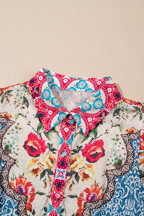 Vestido Curto Floral Rosa Estampa Mista Manga Ruffled Botões