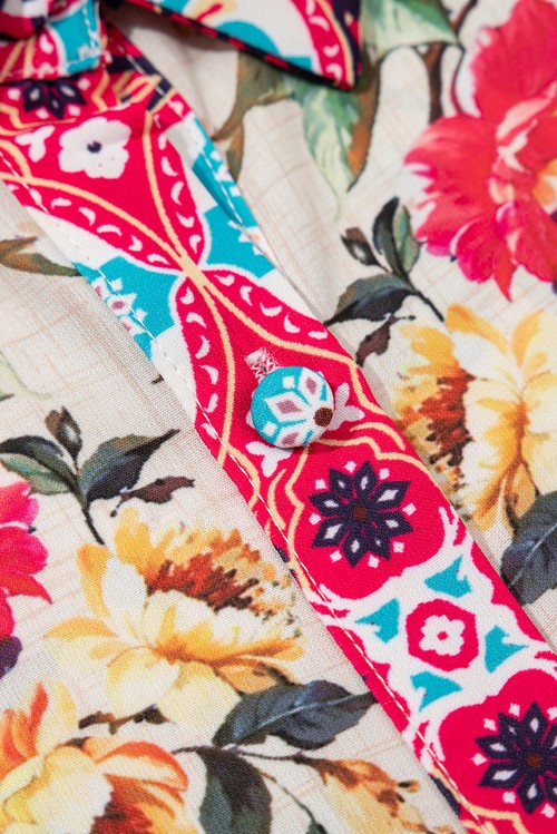 Vestido Curto Floral Rosa Estampa Mista Manga Ruffled Botões