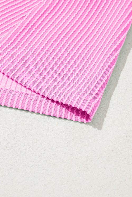 Vestido Curto Camiseta Rosa Choque Tricot Cordado Manga Bufante Gola Redonda