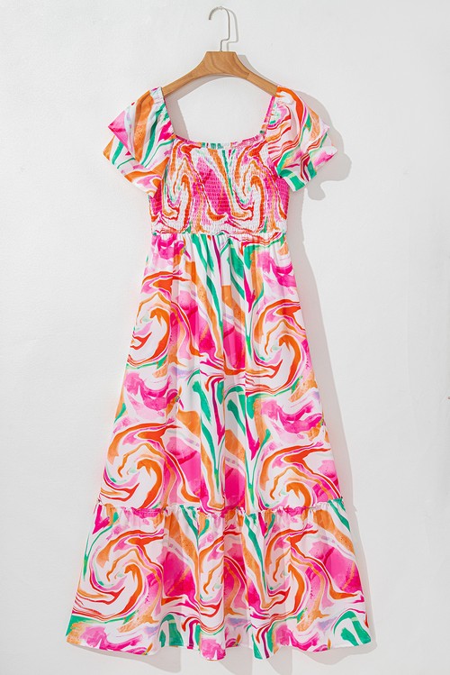 Vestido Maxi Floral Abstrato Rosa Manga Ruffled Franzido no Busto