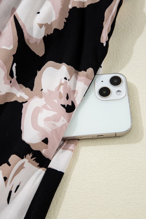 Vestido Maxi Floral Preto Sem Manga Gola Quadrada Nó Costas Recorte