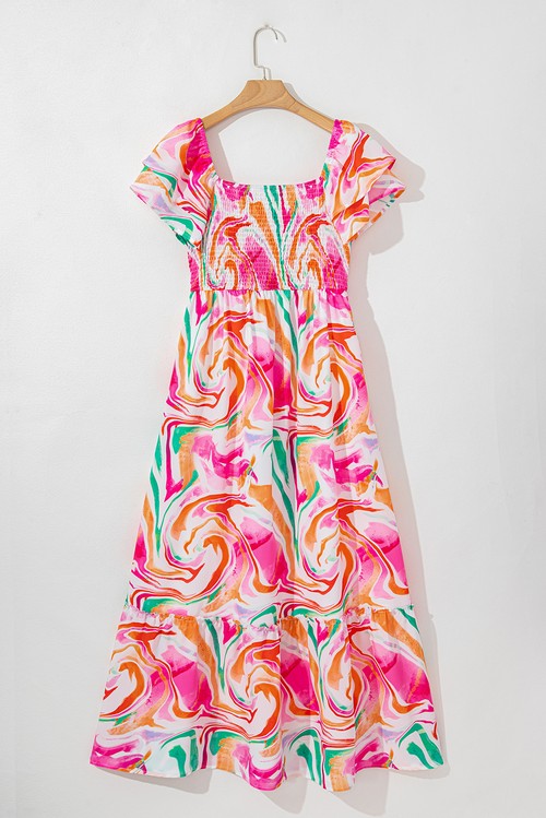 Vestido Maxi Floral Abstrato Rosa Manga Ruffled Franzido no Busto