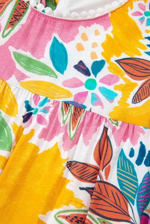 Vestido Floral Rosa Manga Sino Laço nas Costas com Renda