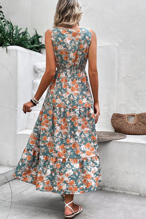 Vestido Floral Verde Sem Manga Gola V Cinto Férias com Borda