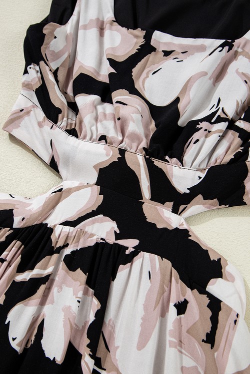 Vestido Maxi Floral Preto Sem Manga Gola Quadrada Nó Costas Recorte