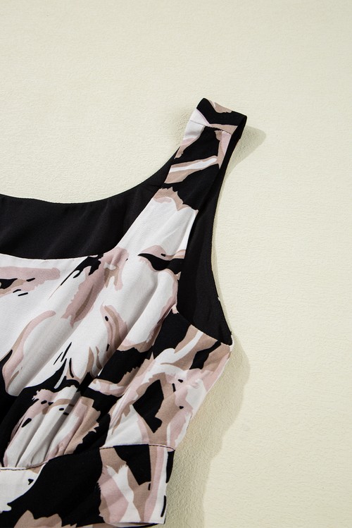 Vestido Maxi Floral Preto Sem Manga Gola Quadrada Nó Costas Recorte