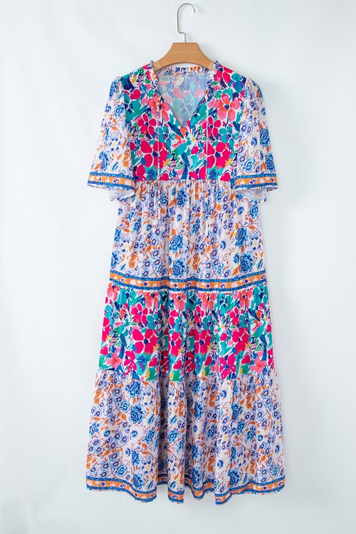 Vestido Curto Azul Claro Estampa Floral Mista Gola com Laço Manga Curta