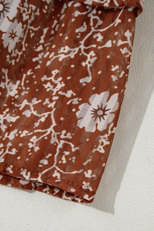 Vestido Curto Boho Floral Marrom Manga Bufante Ruffled Gola V