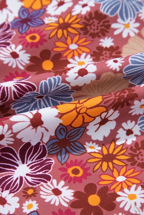 Vestido Curto Floral Vermelho Manga Bufante Gola Quadrada Nó nas Costas