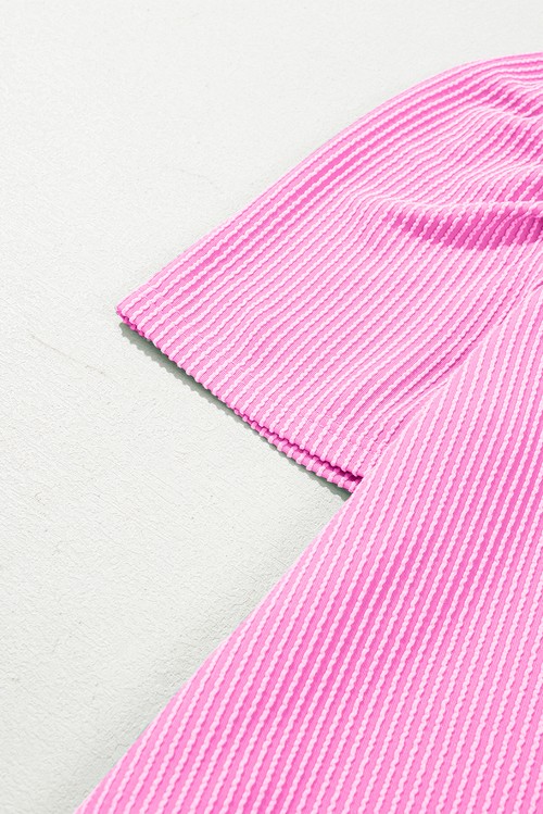 Vestido Curto Camiseta Rosa Choque Tricot Cordado Manga Bufante Gola Redonda
