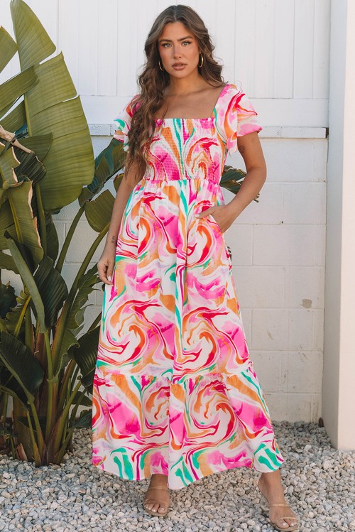 Vestido Maxi Floral Abstrato Rosa Manga Ruffled Franzido no Busto