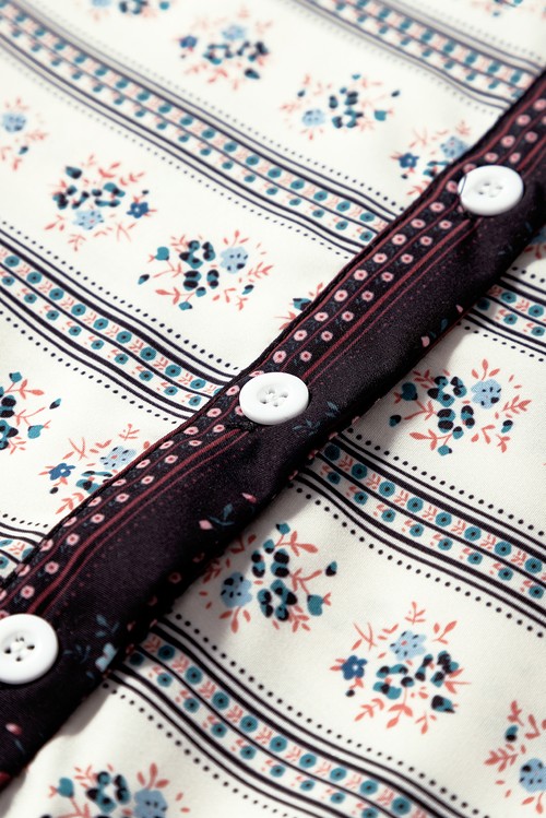 Vestido Evase Boho Floral Preto Listrado Manga Balão Babados