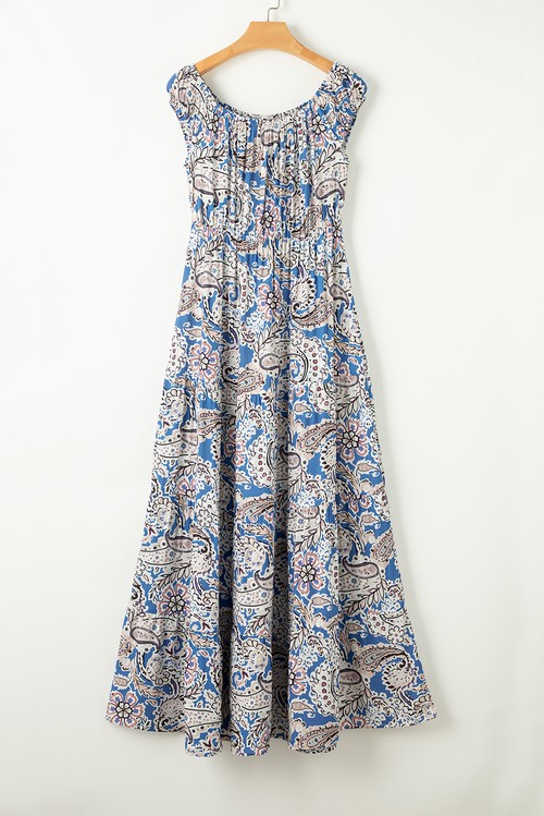 Vestido Maxi Boho Paisley Azul Ombro Caído