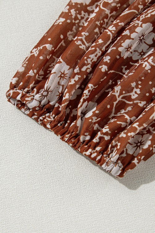 Vestido Curto Boho Floral Marrom Manga Bufante Ruffled Gola V