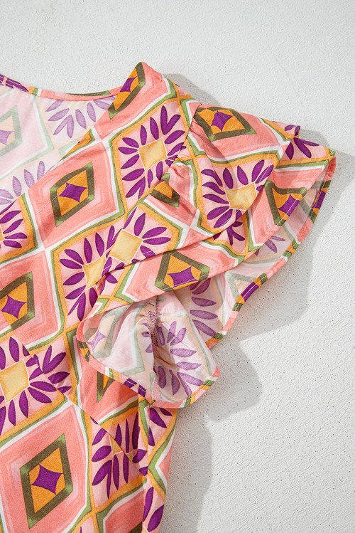 Vestido Curto Floral Geométrico Laranja Gola V Botões Manga Ruffled