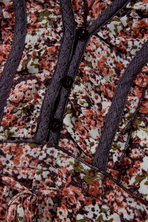 Vestido Midi Floral Marrom Fenda Frontal Camadas Babados Gola V