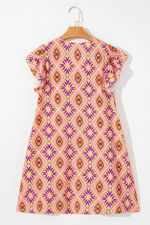 Vestido Curto Floral Geométrico Laranja Gola V Botões Manga Ruffled