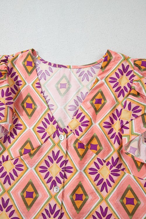 Vestido Curto Floral Geométrico Laranja Gola V Botões Manga Ruffled