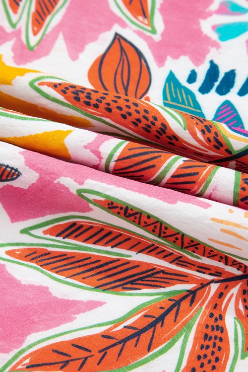 Vestido Floral Rosa Manga Sino Laço nas Costas com Renda