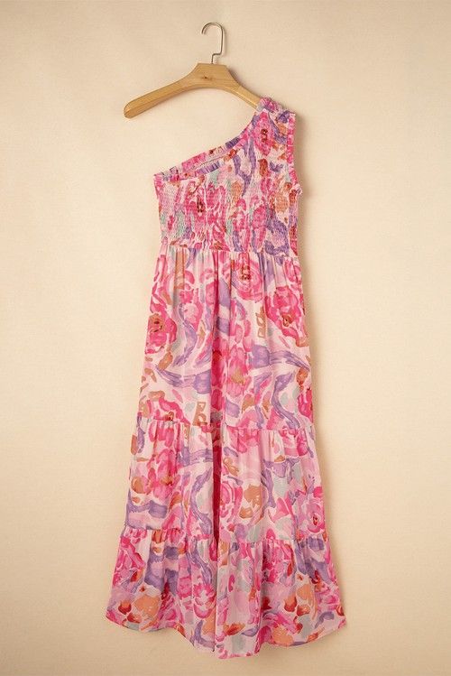 Vestido Maxi Floral Abstrato Rosa Um Ombro Franzido