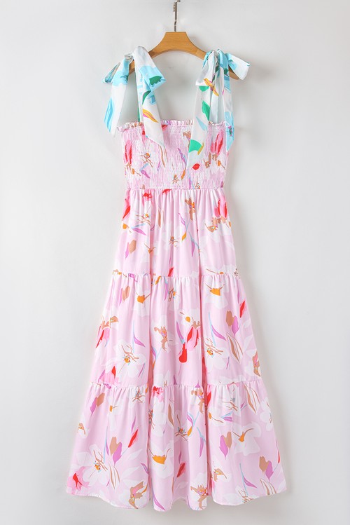 Vestido Maxi Floral Rosa Ombro com Nó Franzido