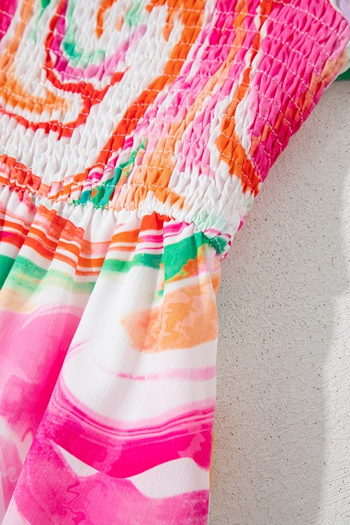 Vestido Maxi Floral Abstrato Rosa Manga Ruffled Franzido no Busto