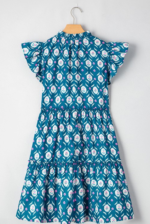 Vestido Curto Floral Retrô Azul Gola com Torção Babados Manga Curta