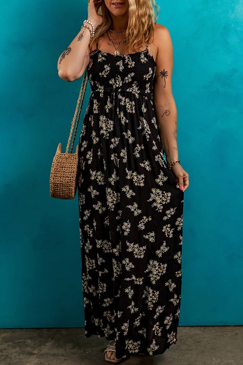 Vestido Maxi Floral Preto Alcinhas Franzido Busto Império com Laço