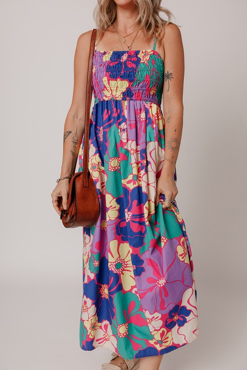 Vestido Maxi Floral Roxo Alcinhas Franzido Solto