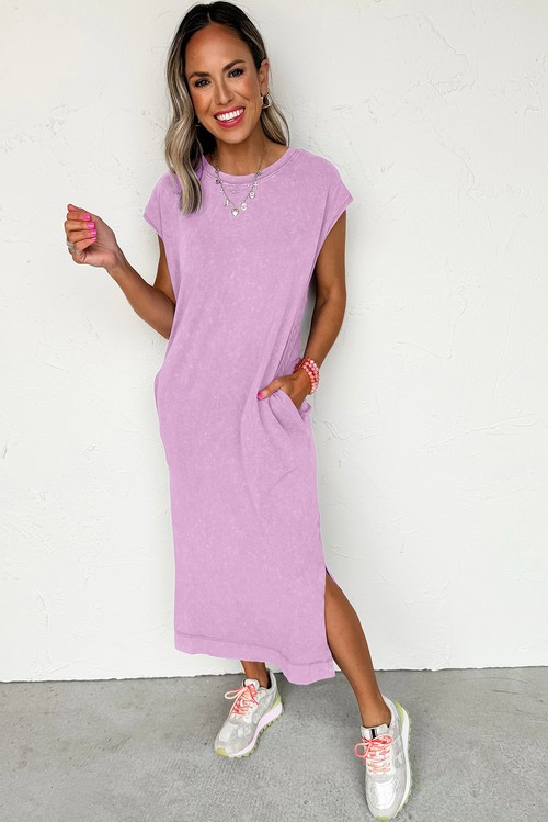 Vestido Longo Camiseta Lavado Mineral Roxo com Bolso