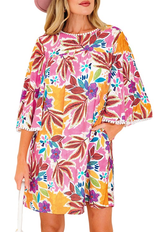 Vestido Floral Rosa Manga Sino Laço nas Costas com Renda