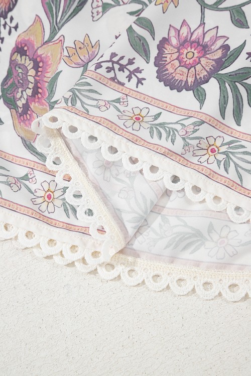 Vestido Curto Floral Multicolor Alcinhas Franjas Laço Gola U Sem Manga