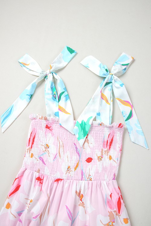 Vestido Maxi Floral Rosa Ombro com Nó Franzido