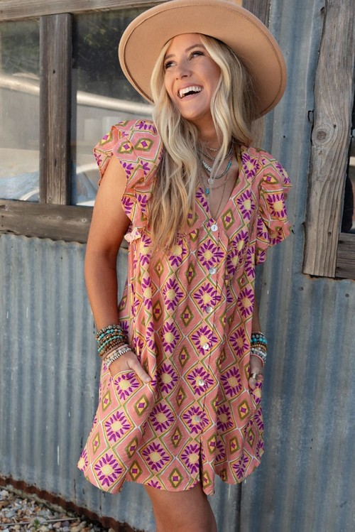 Vestido Curto Floral Geométrico Laranja Gola V Botões Manga Ruffled